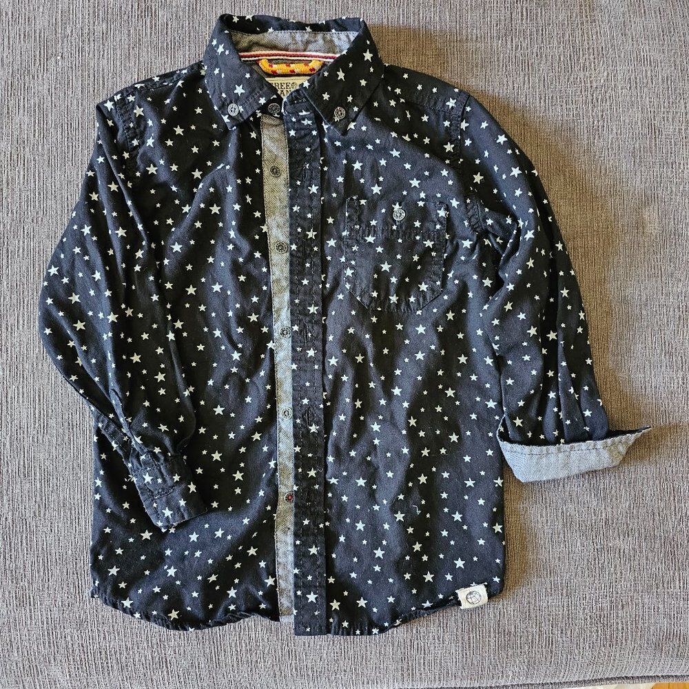 Free Planet Kids 100% Cotton Star Pattern Button Down Shirt Black Size 4T